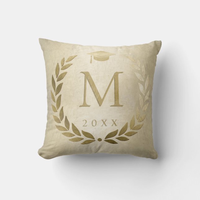 Afstuderen Gold Laurel Wreath Monogrammed Initiaal Kussen (Voorkant)