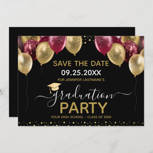 Afstuderen Gold Red Save the Date Invitation Kaart (Voorkant / Achterkant)