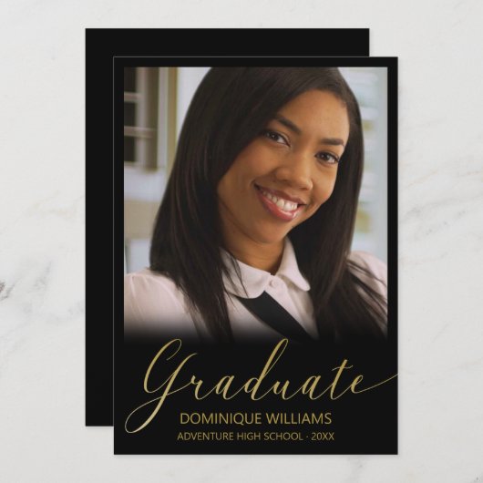 Afstuderen Gold Script Photo Black Lijst Aankondiging (Voorkant / Achterkant)