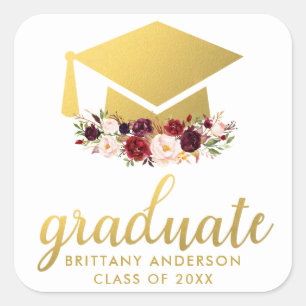Afstuderen Goud Bourgogne Waterverf Bloemen Vierkante Sticker