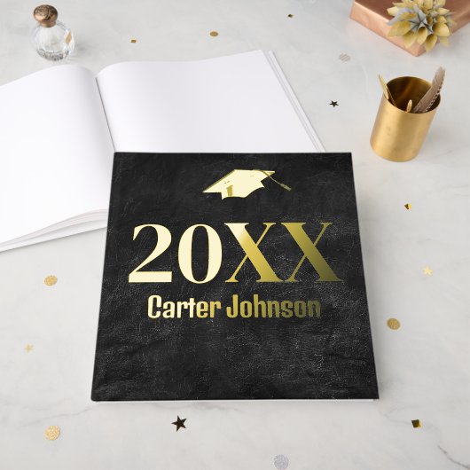 Afstuderen goudfolie op zwart leder gastenboek (Voorkant open)