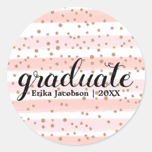 Afstuderen grafische roze en gouden striped aangep ronde sticker