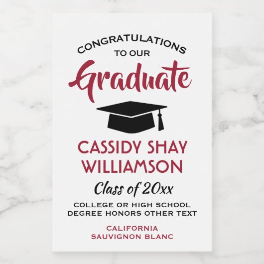 Afstuderen grats Modern Red White en Black Mini Wijn Etiket (Enkel label)