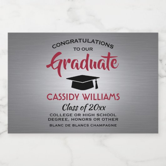 Afstuderen, grijs rood en zwart, gesplitst sparkling wijnetiket (Enkel label)