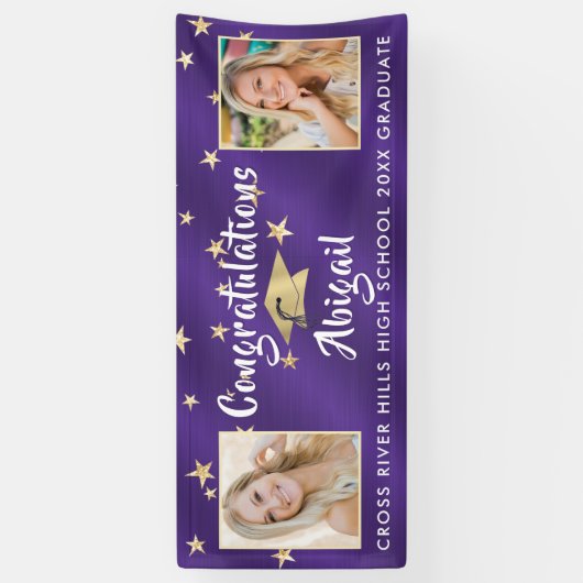 Afstuderen Hand Lettered Foto Paarse Gold Stars Spandoek (Verticaal)