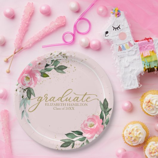 Afstuderen Hot Pink Floral Graduation Party Papieren Bordje (Feest)