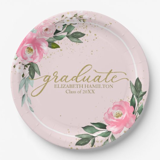 Afstuderen Hot Pink Floral Graduation Party Papieren Bordje (Voorkant)
