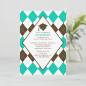 Afstuderen Invitation Prep Brown Turquoise Argyle Kaart (Staand voorkant)