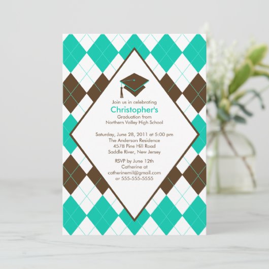 Afstuderen Invitation Prep Brown Turquoise Argyle Kaart (Staand voorkant)