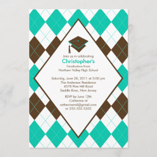 Afstuderen Invitation Prep Brown Turquoise Argyle Kaart