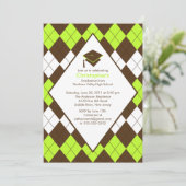 Afstuderen Invitation Preppy Brown & Green Argyle Kaart (Staand voorkant)