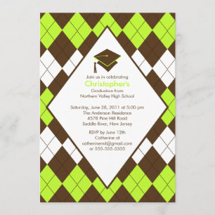 Afstuderen Invitation Preppy Brown & Green Argyle Kaart