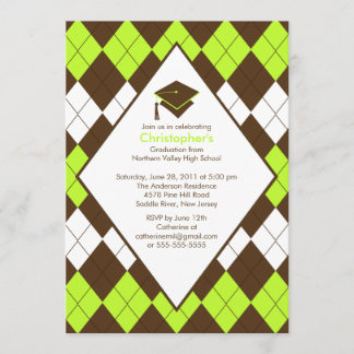 Afstuderen Invitation Preppy Brown & Green Argyle Kaart