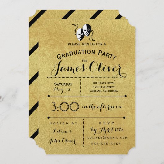 Afstuderen Invitation Theatre Major Goud en Zwart Kaart (Voorkant / Achterkant)