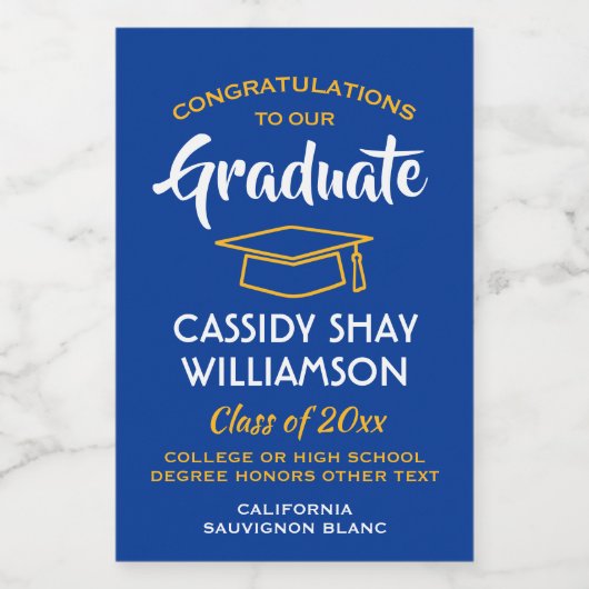 Afstuderen is koninklijk blauw-goudmini wijn etiket (Enkel label)
