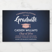 Afstuderen is marineblauw en roze mini gesplitst sparkling wijnetiket (Enkel label)