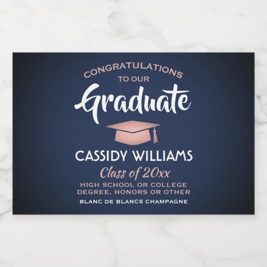 Afstuderen is marineblauw en roze mini gesplitst sparkling wijnetiket (Enkel label)