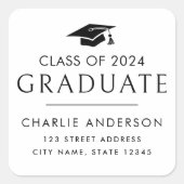 Afstuderen jaar graduatie cap wit retouradres vierkante sticker (Voorkant)