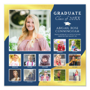 Afstuderen K-12 Foto Collage Blue Metallic Gold Afdruk