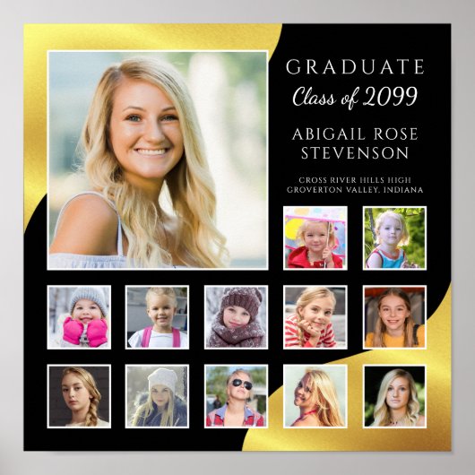 Afstuderen K-12 Fotocollage Zwart Faux Gold Foil Poster (Voorkant)
