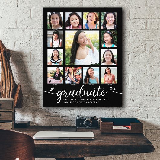 Afstuderen K-12 Modern Script Photo Collage Black Canvas Afdruk