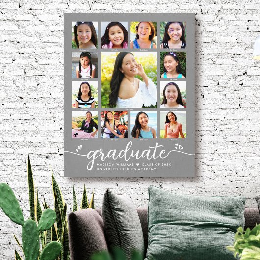 Afstuderen K-12 Modern Script Photo Collage Gray Canvas Afdruk