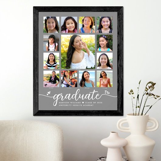Afstuderen K-12 Modern Script Photo Collage Gray Poster