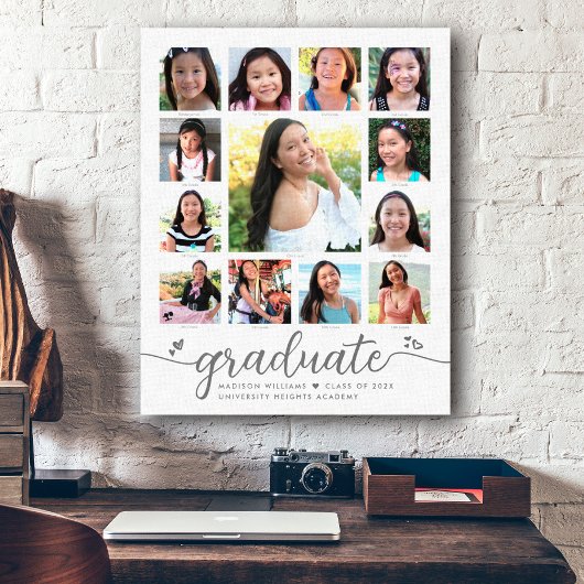 Afstuderen K-12 Modern Script Photo Collage White Canvas Afdruk