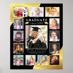 Afstuderen K-12 Photo Collage Black Gold Metallic Poster