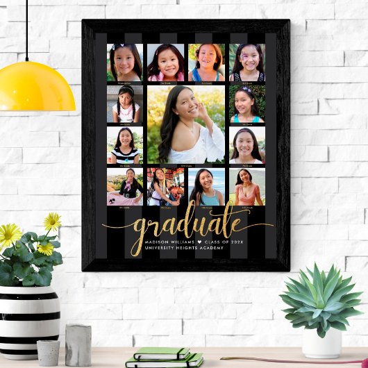 Afstuderen K-12 Photo Collage Gold Black Script Poster