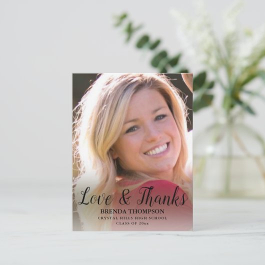 Afstuderen Love & Bedankt Black Script Photo Briefkaart (Staand voorkant)