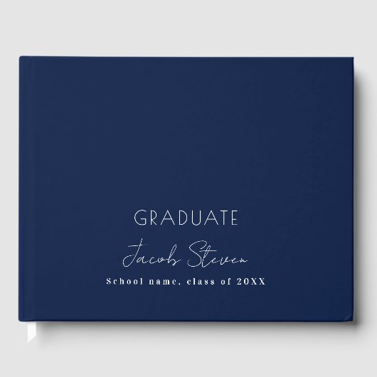 Afstuderen marineblauw wit naamscript minimalistis gastenboek (Voorkant)
