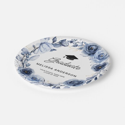 Afstuderen marineblauwe bloemen papieren bordje (Gekanteld)