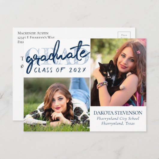 Afstuderen marinescript | Donkerblauw 2 Foto Keeps Briefkaart (Voorkant / Achterkant)