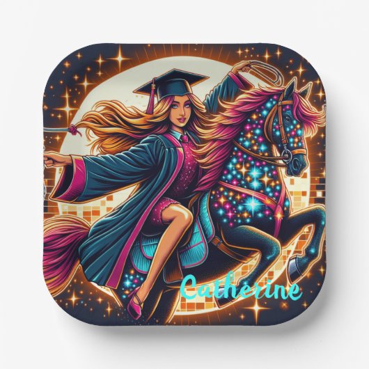 Afstuderen Meisje Op Fancy Paard Custom Papieren Bordje (Voorkant)