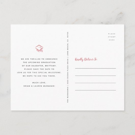 Afstuderen met datumfoto modern roos gouden script uitnodiging briefkaart (Achterkant)