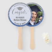 Afstuderen Modern Blauw en Zilver Afstuderen Foto Handwaaier (Voorkant en achterkant)