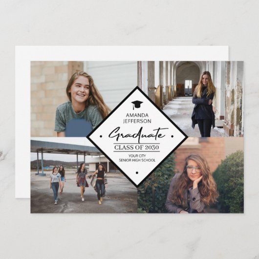 Afstuderen modern elegant script 4 foto collage a aankondiging (Voorkant / Achterkant)