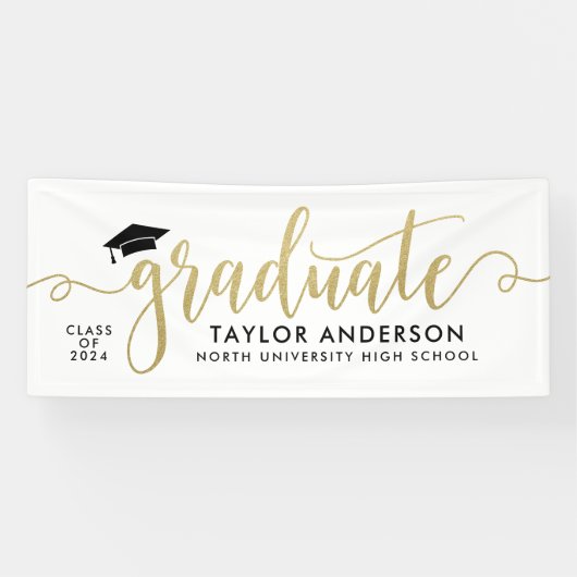 Afstuderen modern Gold Script White Afstuderen Spandoek (Horizontaal)