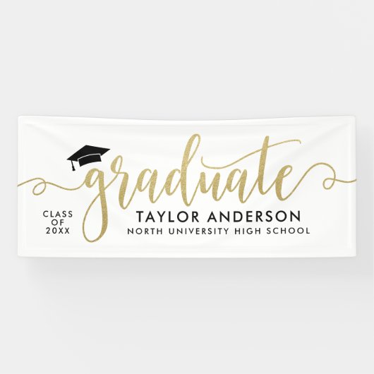 Afstuderen modern Gold Script White Afstuderen Spandoek (Horizontaal)