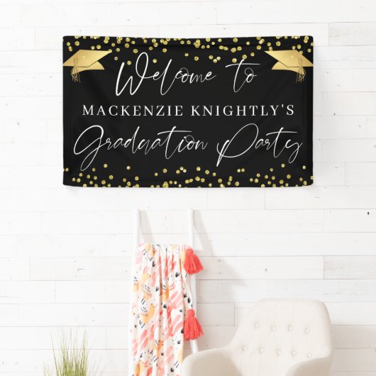 Afstuderen Modern Script Gold Confetti Welkom Spandoek (Insitu)
