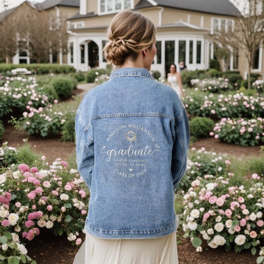 Afstuderen Modern Script Hearts Goud Pet Jouw name Denim Jacket (Huwelijk Achterkant)