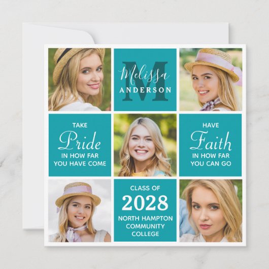 Afstuderen Monogram 5 Foto Collage Blauwgroen Afst Kaart (Voorkant)