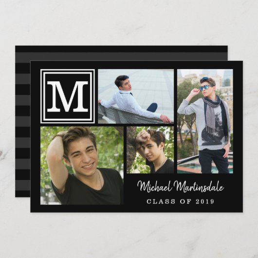 Afstuderen Monogram Foto Collage Black Kaart (Voorkant / Achterkant)