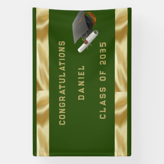 Afstuderen Mortar Board Green en Gold Spandoek (Verticaal)
