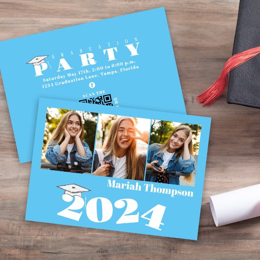 Afstuderen Multi-Photo Blue Class of 2023 QR Code Kaart