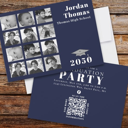 Afstuderen Multi Photo Collage Navy Blue QR Code Kaart