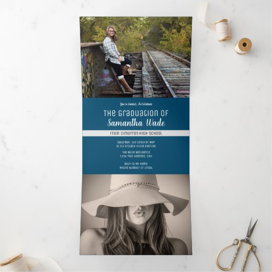 Afstuderen Multi Photo Simple Blue Confetti 2020 Drieluik Aankondiging (Binnen)