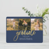 Afstuderen Navy Blue Gold 4 Photo Collage Script Aankondiging (Staand voorkant)