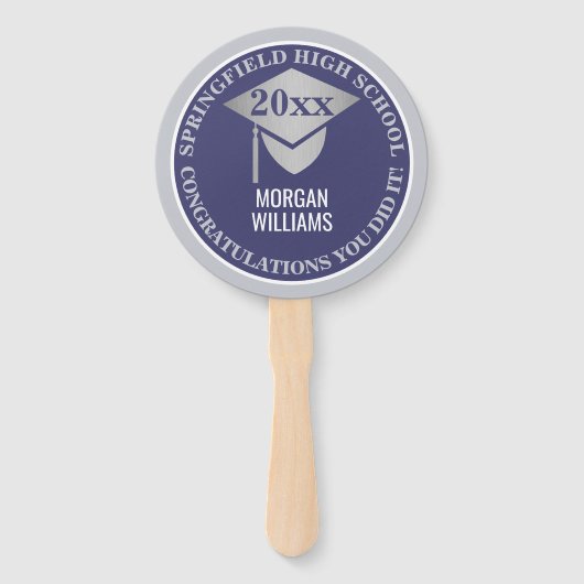 Afstuderen Navy Blue Silver Foto gefeliciteerd Handwaaier (Voorkant)